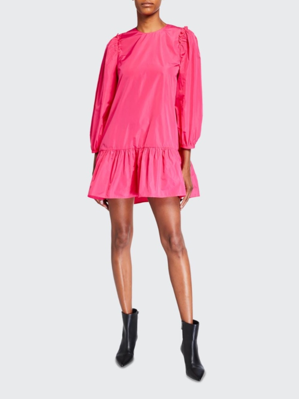 Cinq a Sept Jackie Long-Sleeve Drop-Waist Flounce Mini Dress in Pink Azalea